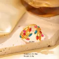 Golden leaf open ring featuring colorful enamel stones and elegant floral design - Adjustable Open / JOM25039-Gold Colorful Leaf Enamel