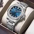 Reloj de cuarzo nautilus plateado con bisel de diamante y esfera azul texturizada - Acero Plata Esfera Azul