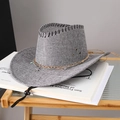 Detail of gray woven cowboy hat with layered metal chains and starfish charms - Gray