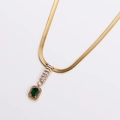 Golden snake chain necklace featuring emerald green square pendant with zircon halo - Gold (Green Stone)