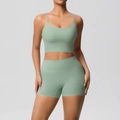 Détail du short de yoga taille haute et soutien-gorge de sport en tissu brossé vert - S / Haut Et Bas / Vert Basilic