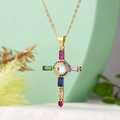 Collar chapado en oro de 18K con colgante de cruz y gemas de circonita coloridas - Piedras Preciosas de Colores