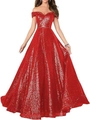 Elegant red sequin off-shoulder A-line formal evening gown with long shimmering skirt - US size 2 / Red