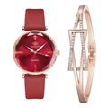 Women's quartz watch with red leather strap and matching rose gold rhinestone bracelet - Red + Bracelet