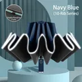 Navy blue 10-rib automatic umbrella with reflective safety strip and windproof fiberglass frame - 10-Rib Reflective Auto / Navy Blue
