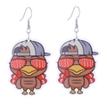 Close-up of funny acrylic turkey earrings with Gobble text and red sunglasses for Thanksgiving - No.8 (Gobble Glasses Turkey)
