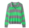 Detail of the grey and green striped knit texture and Polo collar design on this sweater - S / Cyan Grey Stripe