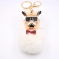 Dettaglio portachiavi Bulldog Francese con placcatura in oro e pompon di pelliccia bianca - Bianco avorio