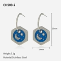 Blue enamel hexagonal stainless steel earrings with moon and star design, 25mm size - Steel Color Earrings (CH500-2) / Steel