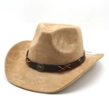Western faux suede cowboy hat in camel brown with bull horn leather band detail - M (56-59cm) / Camel