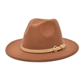 Detail of dark brown wool fedora hat featuring a slim leather belt and gold buckle - M (56-58cm) / Khaki