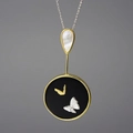 Artistic butterfly necklace variant with black enamel base and pearl shell teardrop charm - 925 Silver Pendant (Necklace Not Included) / Gold dominant two-tone