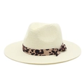 Detail of cream straw Panama hat featuring leopard print ribbon and elegant bow accent - M (56-58cm) / Creamy White