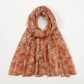 Brown and orange floral voile scarf with delicate red and white flower patterns - Orange Brown Floral