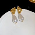 Elegant gold geometric earrings with white teardrop pearl drops on black background - 53# Silver Earring Post - Gold Hammered Metal Water Drop Pearl