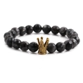 8mm faceted natural stone bead bracelet with vintage gold crown charm for men - Faceted Gray Stone