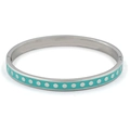 Detail view of silver stainless steel bangle with turquoise enamel and white polka dots - Steel Green