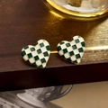 Elegant heart-shaped checkered stud earrings with green enamel and gold finish - 16# Heart Checkerboard