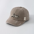 Detail of distressed khaki cotton baseball cap with angel 3D embroidery and frayed edges - 48cm (6 Months-2 Years) / Khaki