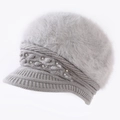 Light grey rabbit fur knit hat with pearl accents and fluffy pompom for winter wear - One Size / Gray (Square Pearl Style)