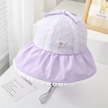 Detail of lavender toddler sun hat with floral lace embroidery and a heart love charm - 52cm (2-5 Years) / Purple