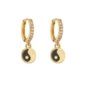 Detailed view of gold plated hoop earrings with zircon stones and yin yang charms - Black & White Tai Chi