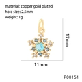 Detailed view of a gold-plated snowflake pendant with blue crystal and technical dimensions - Snowflake A - Blue Center (P00151)