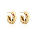 Close-up of chunky gold-plated C-shape hoop earrings with colorful inlaid gemstones - Irregular Geometric C-Shape Stud Earrings (43320) / Gold/Multicolor Zirconia