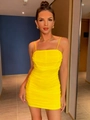 Sexy yellow ruched mini dress with thin spaghetti straps and slim bodycon fit - XS / Yellow
