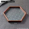 Hexagon dark wood tray with begonia embossed glass base and 26.7cm outer diameter - Large Hexagon - Glass