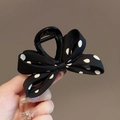 Elegant black polka dot bow hair claw clip with vintage double-layered fabric design - Retro Polka Dot Bow Claw / Black