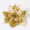 Golden artificial poinsettia flower with glitter edges for Christmas tree decoration - Gold with Gold