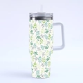 40oz stainless steel tumbler with green leaf pattern, handle and clear straw - Style 4-Literary Leaves