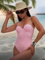 Rosa einteiliger Badeanzug in Muschelform mit Perlenketten-Trägern am Strand - S / Rosa