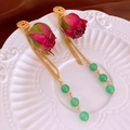 Floral tassel earrings with real dried red rose buds and green beads in gold finish - 60# Gold Green Purple Dried Rose (925 Sterling Silver Earring Post)
