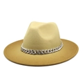 Two-tone wool fedora hat with cream crown, camel brim, and decorative silver chain - M (56-58cm) / Light Yellow Camel Patchwork