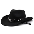 Chapeau de cowboy en feutre noir avec tête de mort argentée et clous sur cuir - M(56-58CM) Réglable / Noir