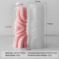 Pink spiral ribbed pillar candle alongside its translucent silicone mold with dimensions - Wave Cylinder J-1181-1