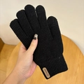Women's black knit winter gloves with thick thermal lining and brown leather fashion tag - Touchscreen Vertical Label Black