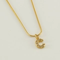 Gold-plated herringbone chain necklace with crystal-encrusted letter C pendant charm - Letter C