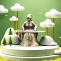 Antique brass miniature figurine of a lady playing the zither for bonsai decoration - Lady Playing Guqin