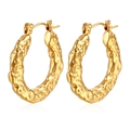 Retro 18K gold plated stainless steel hoop earrings with hammered texture design - Oil Pressed Dimpled Hoop Gold (MS-288)