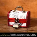 Vintage wooden jewelry box with red wood frame, floral stamp patterns and coded lock - Stamp Handle + Combination Lock