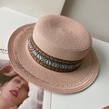 Chapeau de soleil bohème en paille avec ruban brodé coloré et bord plat pour l'été - Rose
