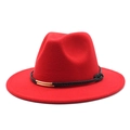 Detail of red wool fedora hat featuring black braided band and gold metal hardware - M(56-58cm) / Red