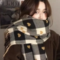 Soft mohair winter scarf with black and white plaid pattern and golden heart fringe - Small Heart Scarf - Black and White