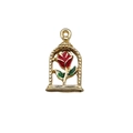 Golden alloy charm featuring a red rose in a glass dome for DIY jewelry making - Rectangular Rose Style (12297)