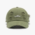 Distressed army green baseball cap with Asher embroidery and metallic ring details - Green