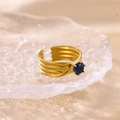 Adjustable gold layered wide ring featuring a round deep blue gemstone in a luxury style - Blue Style (R00911G-B)