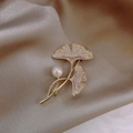French vintage ginkgo leaf brooch with crystals and pearl on silk fabric - Ginkgo Leaf Shape (HP390)